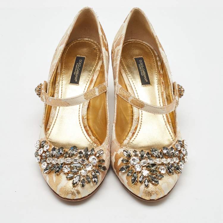 Pre Owned Dolce & Gabbana Gold/White Brocade Fabric Crystal Embellished Mary Jane Pumps Size 38