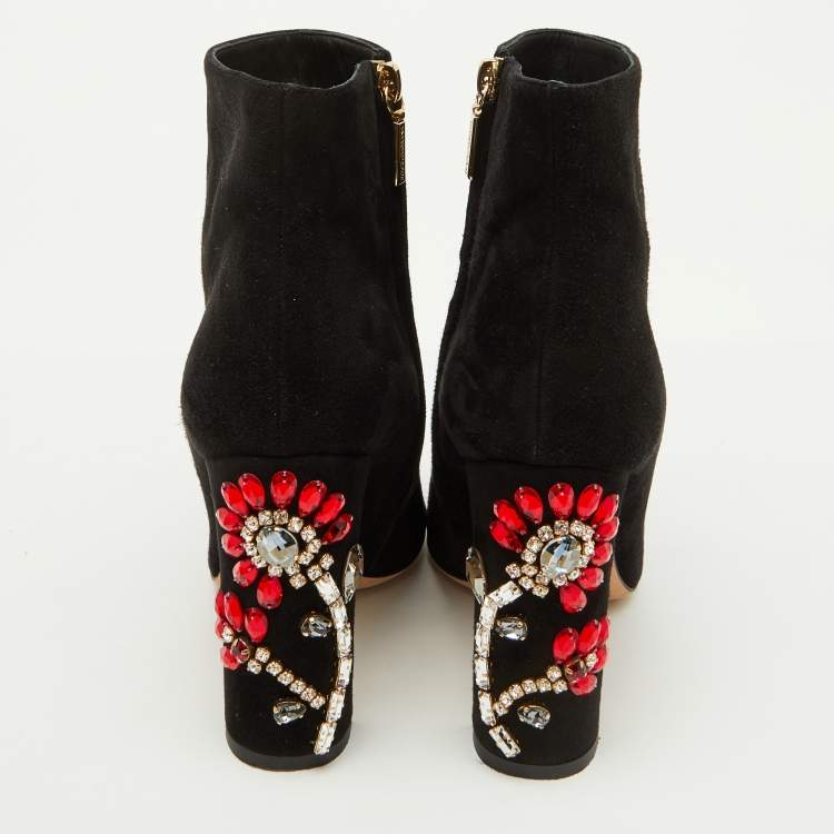 Pre Owned Dolce & Gabbana Black Suede Crystal Embellished Heel Ankle Boots Size 38