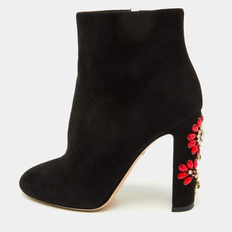 Pre Owned Dolce & Gabbana Black Suede Crystal Embellished Heel Ankle Boots Size 38