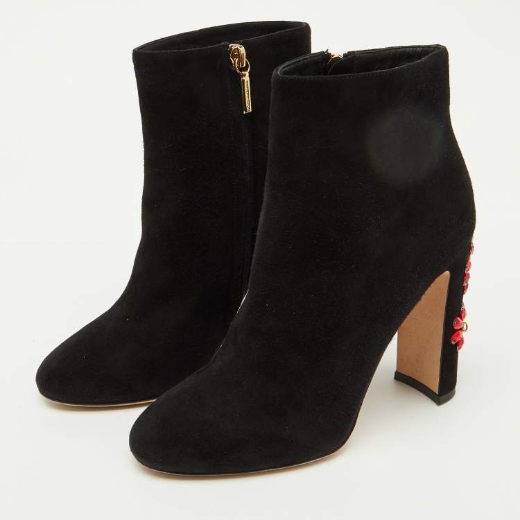Pre Owned Dolce & Gabbana Black Suede Crystal Embellished Heel Ankle Boots Size 38
