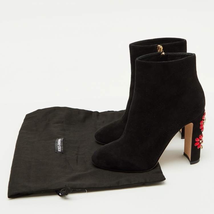 Pre Owned Dolce & Gabbana Black Suede Crystal Embellished Heel Ankle Boots Size 38