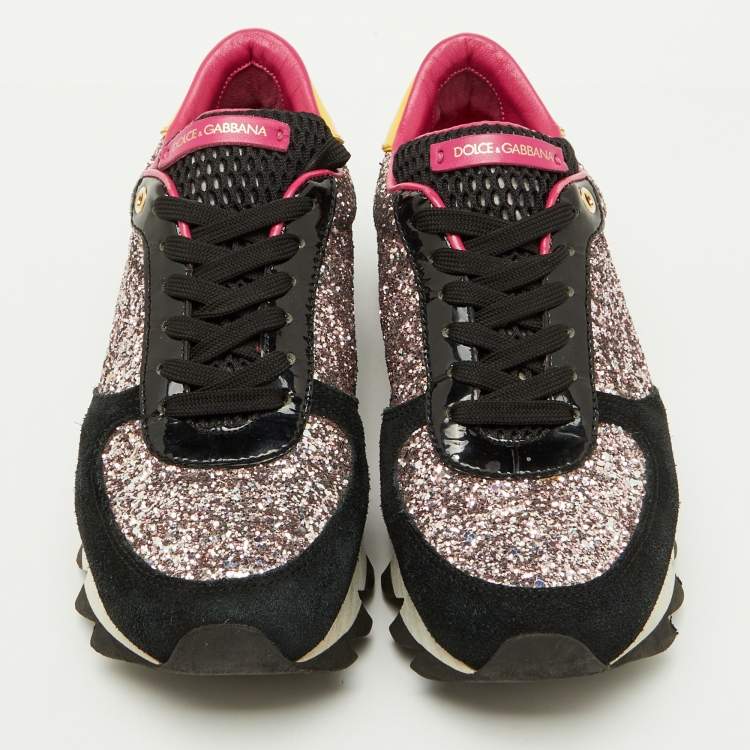 Pre Owned Dolce & Gabbana Multicolor Glitter, Patent Leather and Suede Low Top Sneakers Size 38