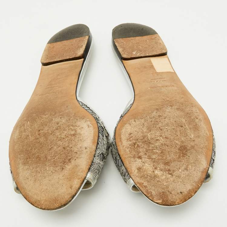 Pre Owned Dolce & Gabbana Silver Mesh and Leather Flat Slides Size 38