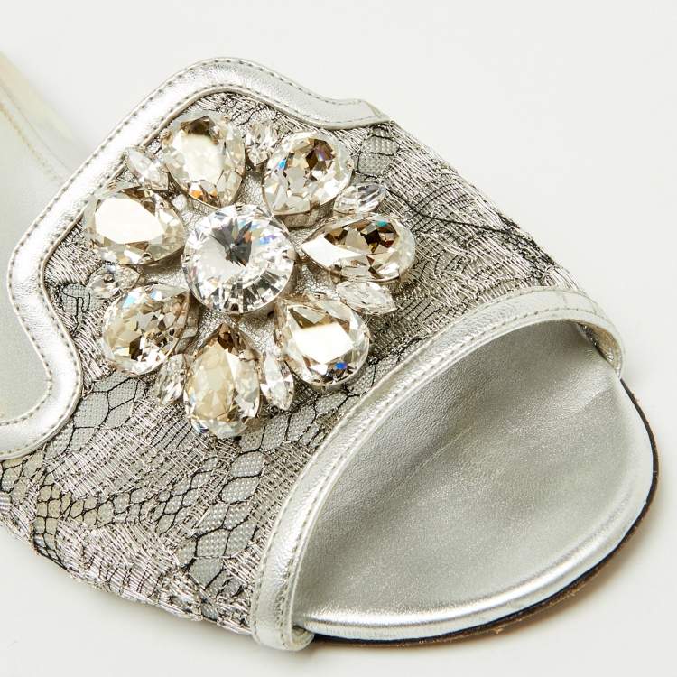 Pre Owned Dolce & Gabbana Silver Mesh and Leather Flat Slides Size 38