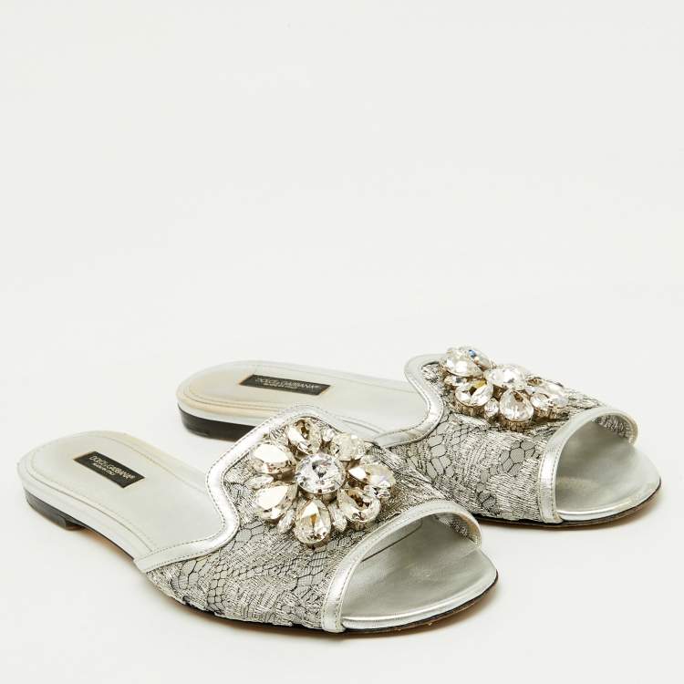 Pre Owned Dolce & Gabbana Silver Mesh and Leather Flat Slides Size 38