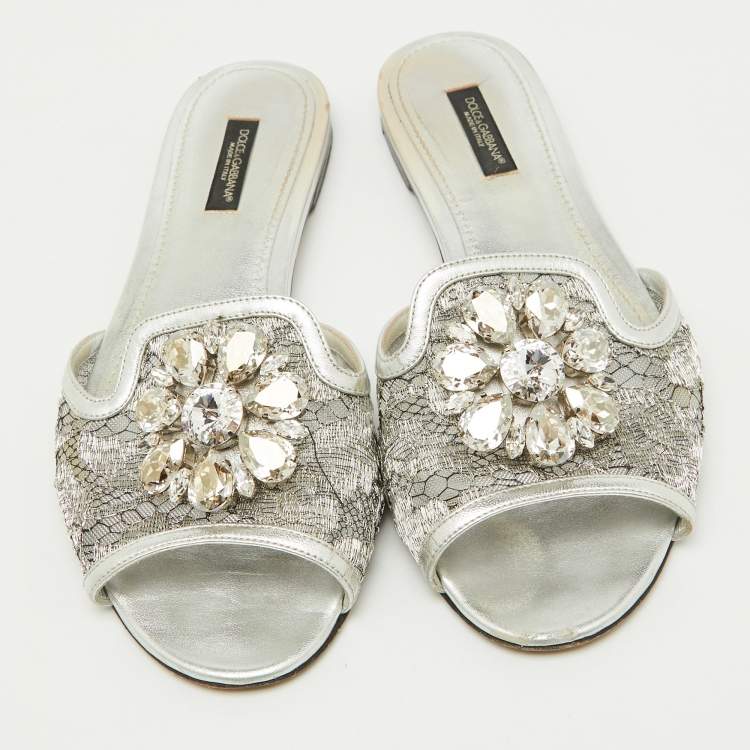 Pre Owned Dolce & Gabbana Silver Mesh and Leather Flat Slides Size 38