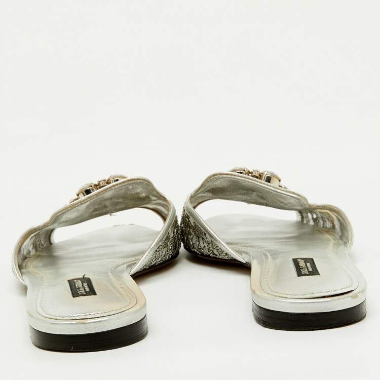 Pre Owned Dolce & Gabbana Silver Mesh and Leather Flat Slides Size 38