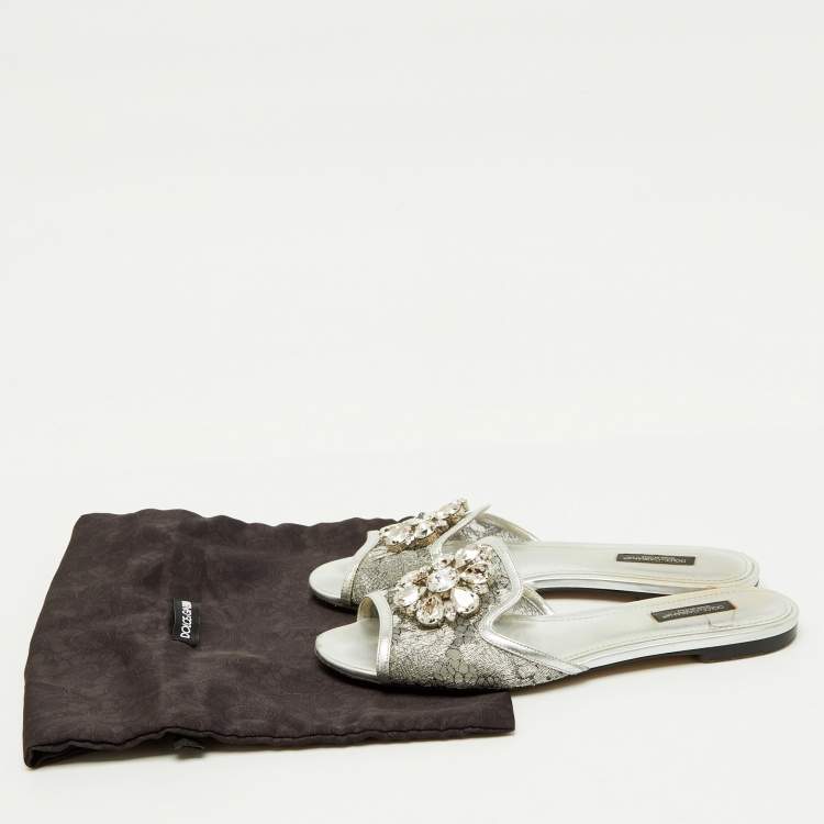 Pre Owned Dolce & Gabbana Silver Mesh and Leather Flat Slides Size 38