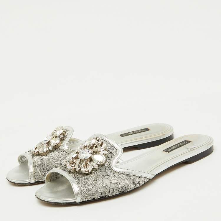 Pre Owned Dolce & Gabbana Silver Mesh and Leather Flat Slides Size 38