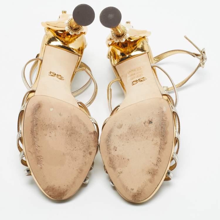 Pre Owned Dolce & Gabbana Gold  Leather Embellished Strappy Sandals Size 38.5