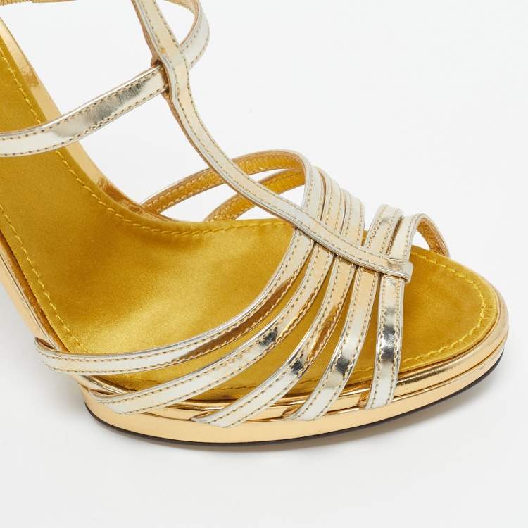 Pre Owned Dolce & Gabbana Gold  Leather Embellished Strappy Sandals Size 38.5