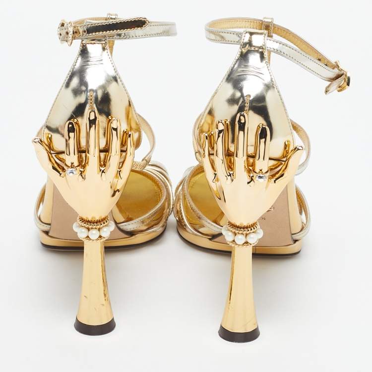 Pre Owned Dolce & Gabbana Gold  Leather Embellished Strappy Sandals Size 38.5