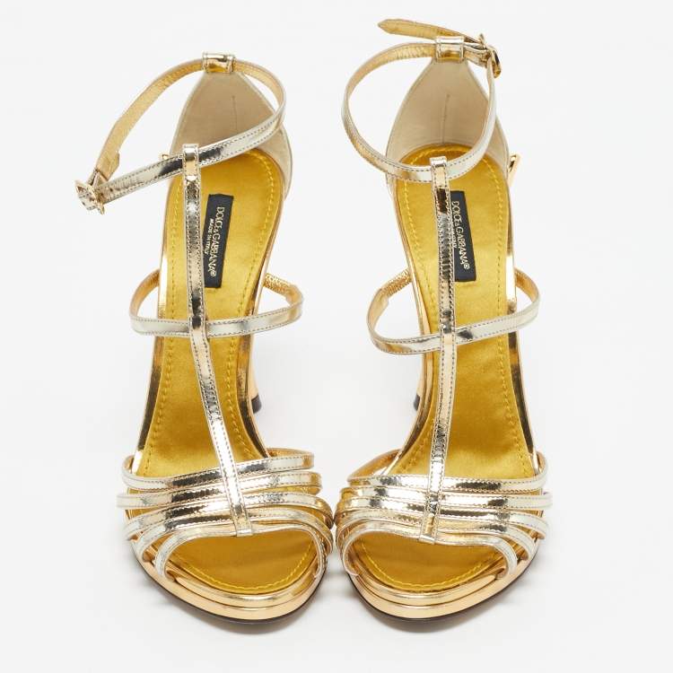 Pre Owned Dolce & Gabbana Gold  Leather Embellished Strappy Sandals Size 38.5