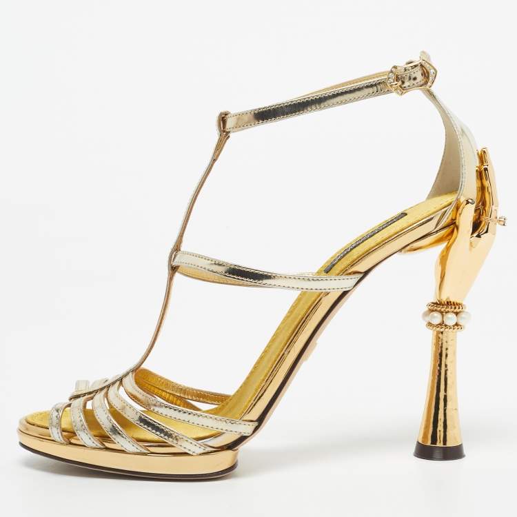 Pre Owned Dolce & Gabbana Gold  Leather Embellished Strappy Sandals Size 38.5