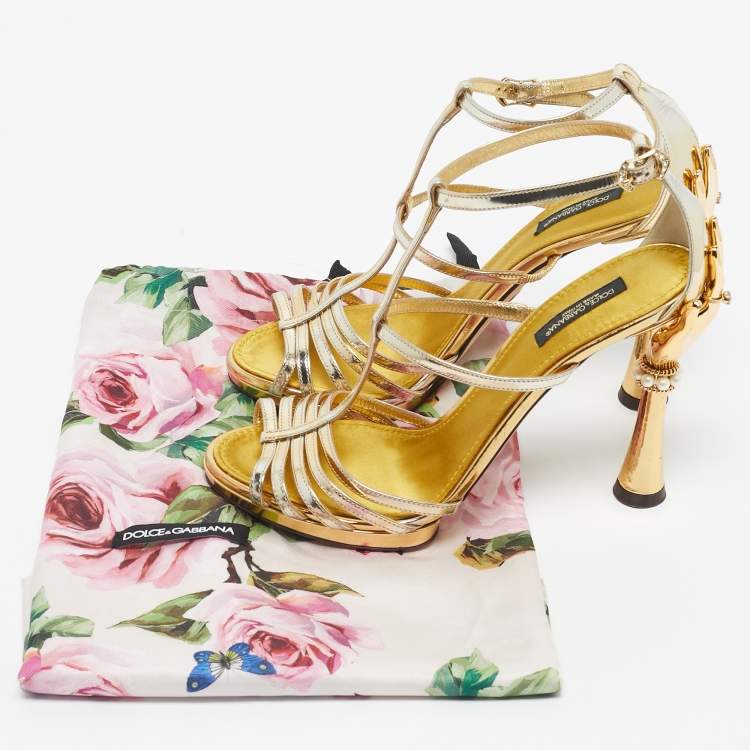 Pre Owned Dolce & Gabbana Gold  Leather Embellished Strappy Sandals Size 38.5