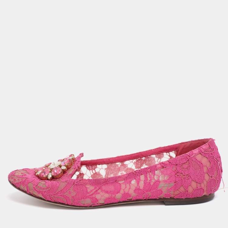 Pre Owned Dolce & Gabbana Pink Lace Crystal Embellished Taormina Ballet Flats Size 38