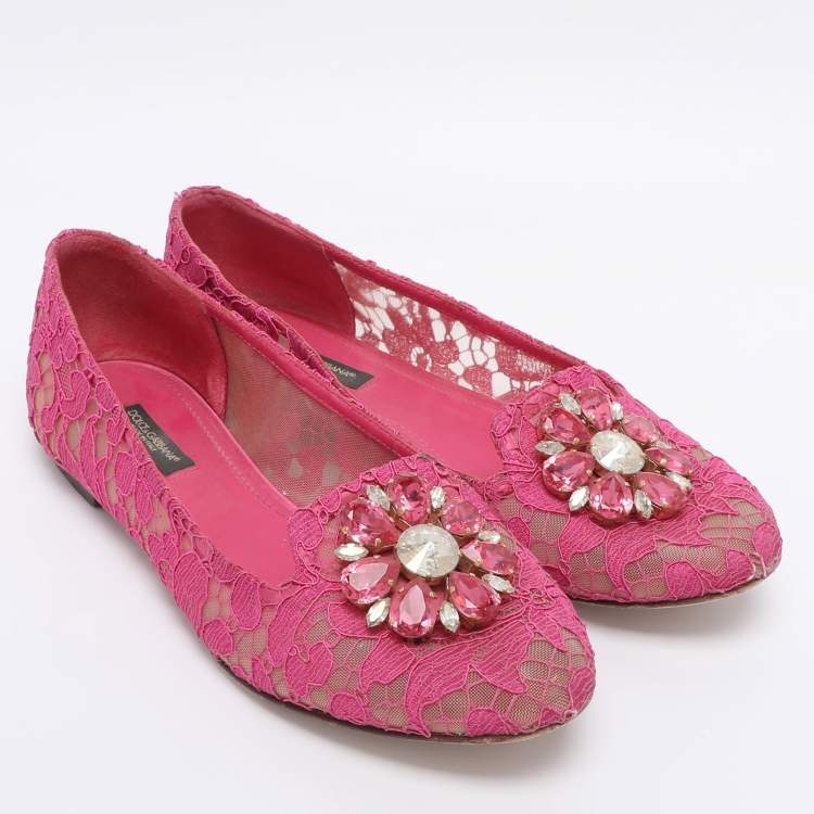 Pre Owned Dolce & Gabbana Pink Lace Crystal Embellished Taormina Ballet Flats Size 38