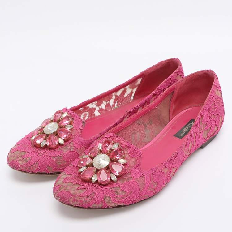 Pre Owned Dolce & Gabbana Pink Lace Crystal Embellished Taormina Ballet Flats Size 38