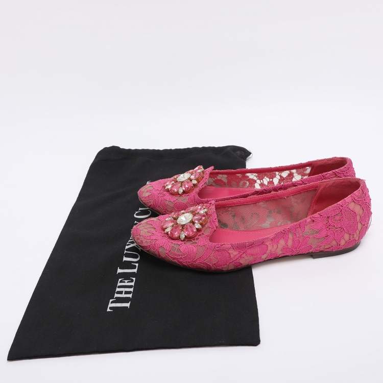Pre Owned Dolce & Gabbana Pink Lace Crystal Embellished Taormina Ballet Flats Size 38