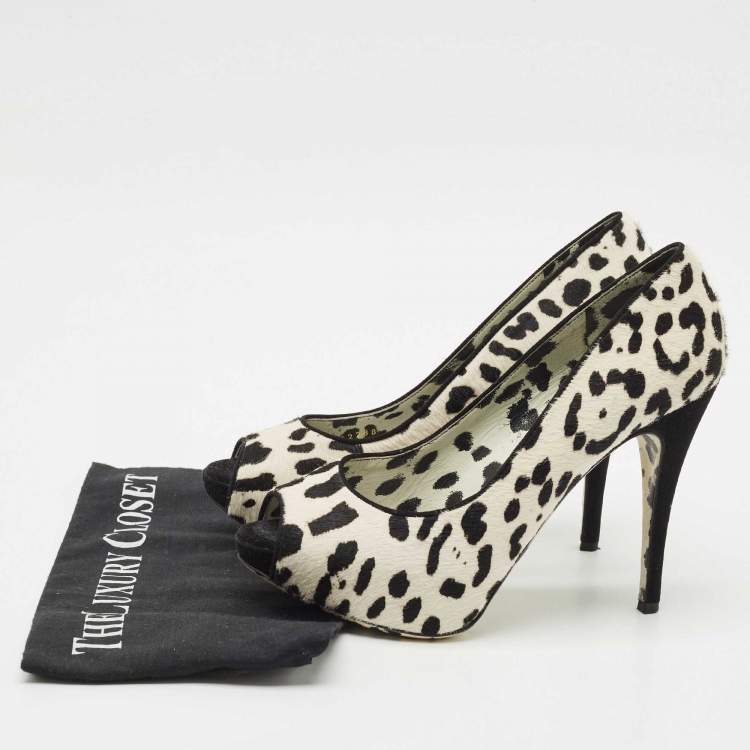 Pre Owned Dolce & Gabbana Black/White Leopard Print Calfhair Peep Toe Pumps Size 39