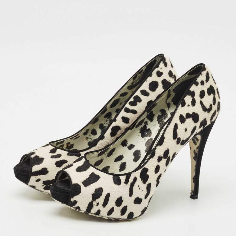 Pre Owned Dolce & Gabbana Black/White Leopard Print Calfhair Peep Toe Pumps Size 39
