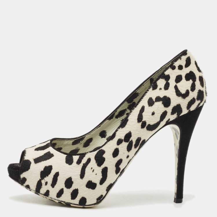Pre Owned Dolce & Gabbana Black/White Leopard Print Calfhair Peep Toe Pumps Size 39