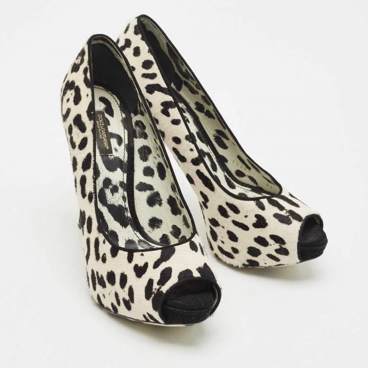 Pre Owned Dolce & Gabbana Black/White Leopard Print Calfhair Peep Toe Pumps Size 39