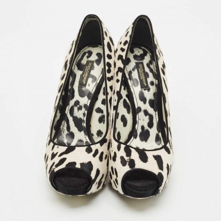 Pre Owned Dolce & Gabbana Black/White Leopard Print Calfhair Peep Toe Pumps Size 39