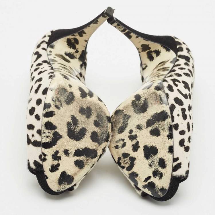 Pre Owned Dolce & Gabbana Black/White Leopard Print Calfhair Peep Toe Pumps Size 39