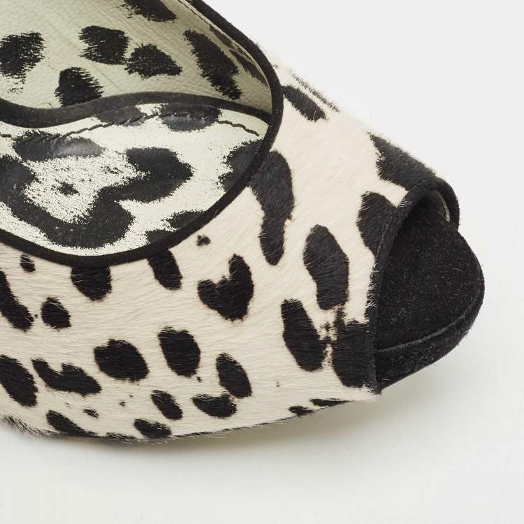 Pre Owned Dolce & Gabbana Black/White Leopard Print Calfhair Peep Toe Pumps Size 39