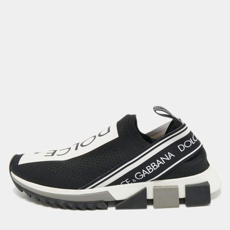 Pre Owned Dolce & Gabbana Black/White Knit Fabric Sorrento Slip On Sneakers Size 39