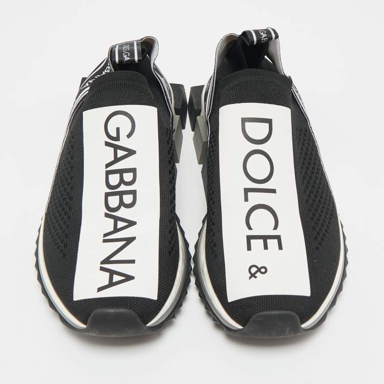 Pre Owned Dolce & Gabbana Black/White Knit Fabric Sorrento Slip On Sneakers Size 39