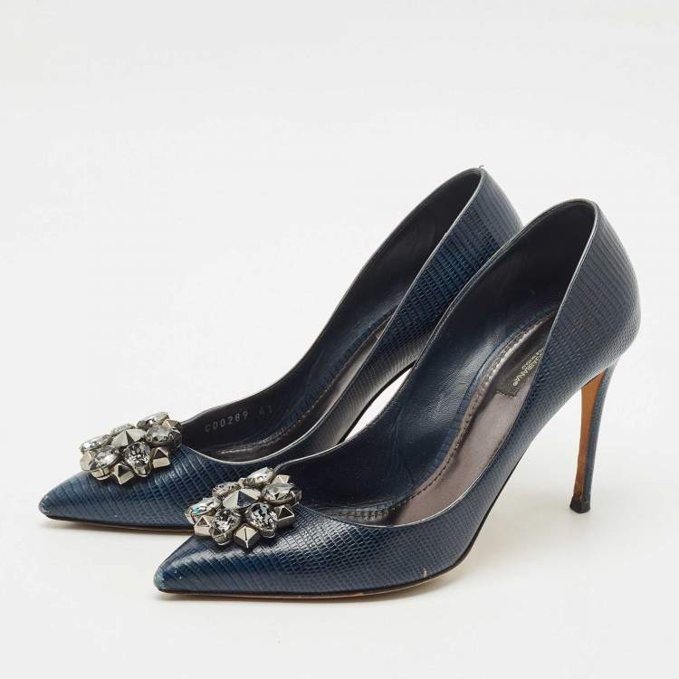 Pre Owned Dolce & Gabbana Navy Blue Lizard Embossed Leather Bellucci Pumps Size 41