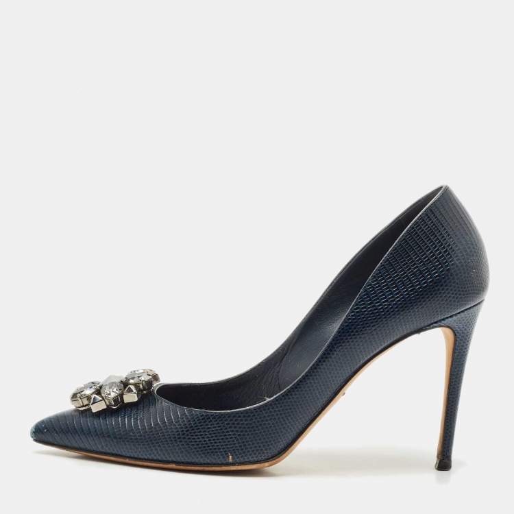Pre Owned Dolce & Gabbana Navy Blue Lizard Embossed Leather Bellucci Pumps Size 41