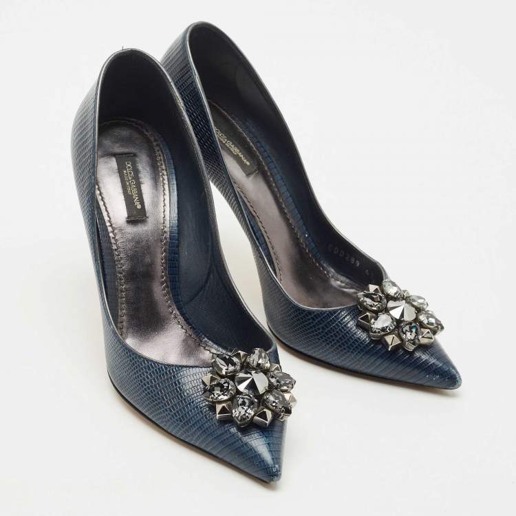 Pre Owned Dolce & Gabbana Navy Blue Lizard Embossed Leather Bellucci Pumps Size 41