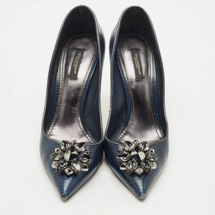 Pre Owned Dolce & Gabbana Navy Blue Lizard Embossed Leather Bellucci Pumps Size 41