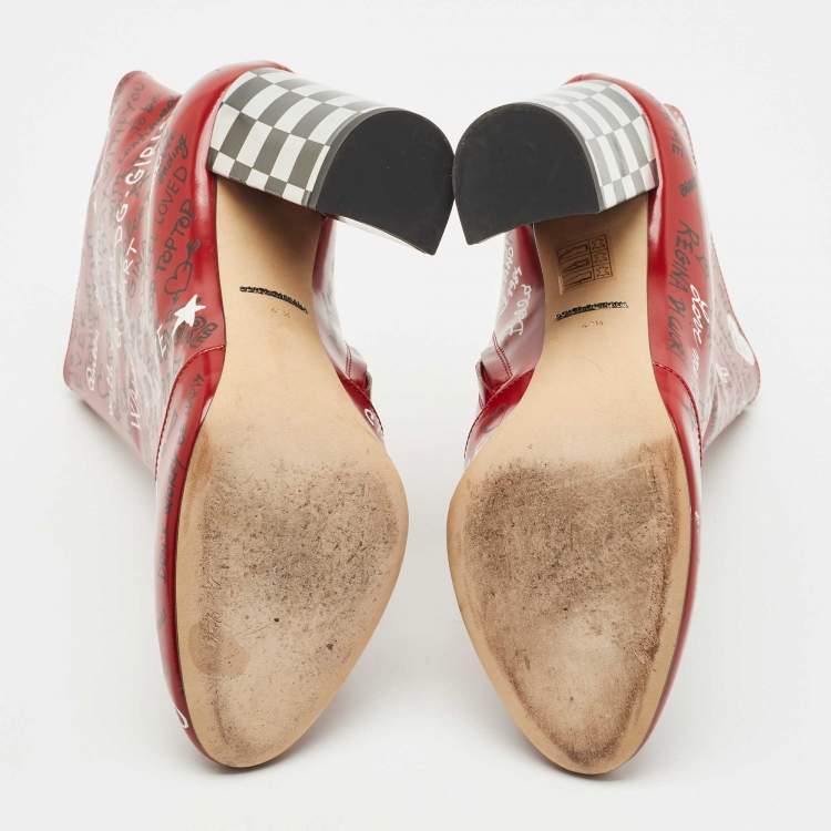 Pre Owned Dolce & Gabbana Red Leather Graffiti Ankle Boots Size 40.5