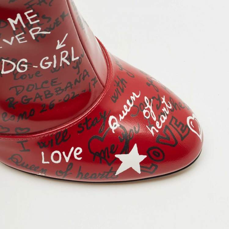 Pre Owned Dolce & Gabbana Red Leather Graffiti Ankle Boots Size 40.5