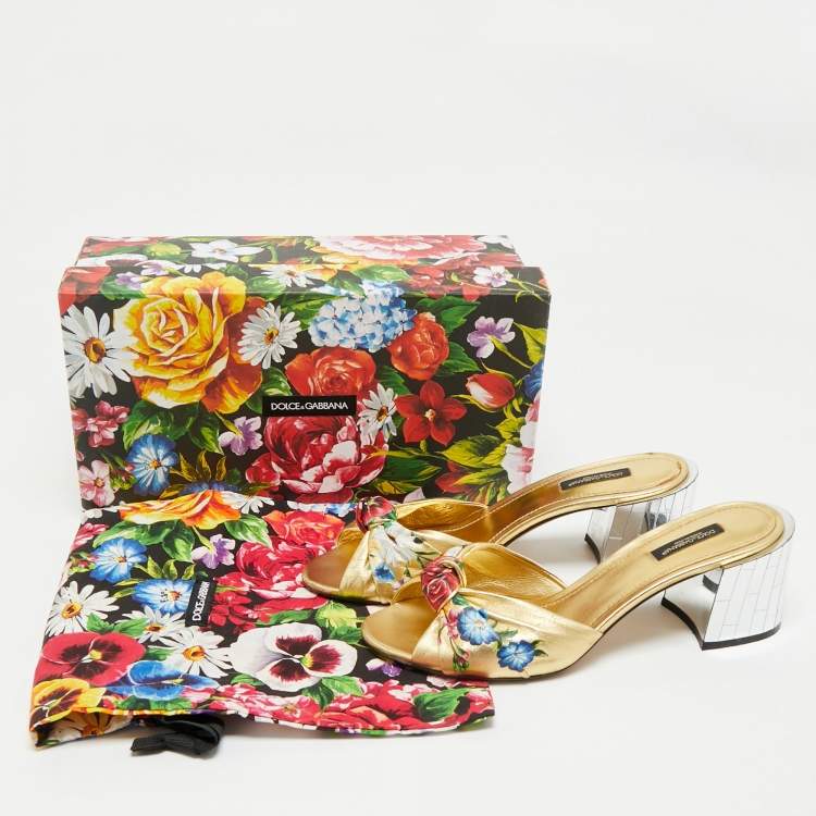Pre Owned Dolce & Gabbana Gold Floral Print Leather Mirrored Heel Slide Sandals Size 39
