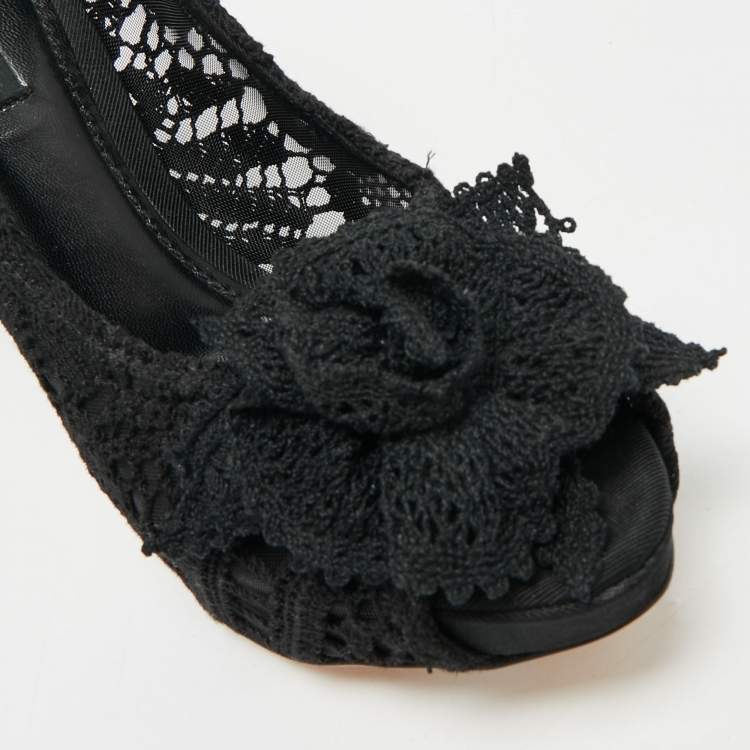 Pre Owned Dolce & Gabbana Black Lace and Mesh Peep Toe Pumps Size 37
