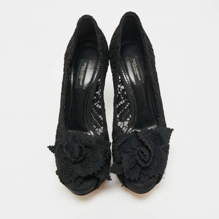 Pre Owned Dolce & Gabbana Black Lace and Mesh Peep Toe Pumps Size 37