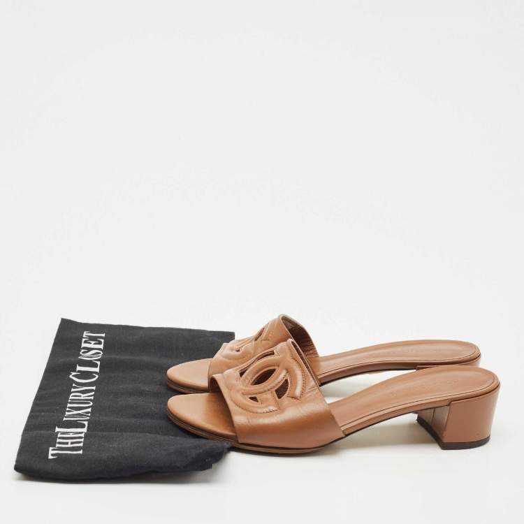Pre Owned Dolce & Gabbana Brown Leather DG Bianca Slide Sandals Size 36