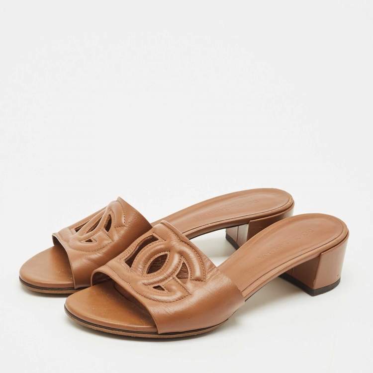Pre Owned Dolce & Gabbana Brown Leather DG Bianca Slide Sandals Size 36
