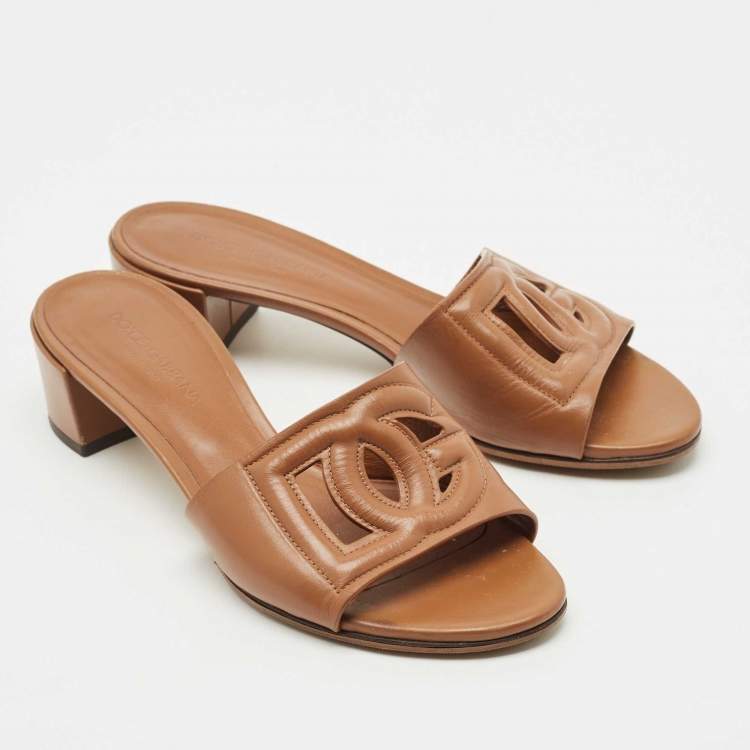 Pre Owned Dolce & Gabbana Brown Leather DG Bianca Slide Sandals Size 36