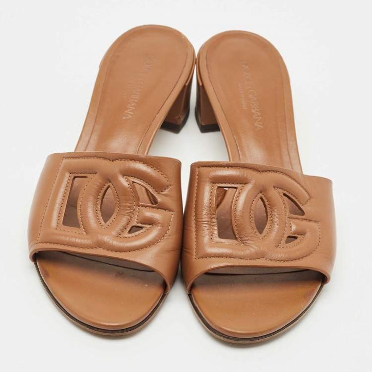 Pre Owned Dolce & Gabbana Brown Leather DG Bianca Slide Sandals Size 36