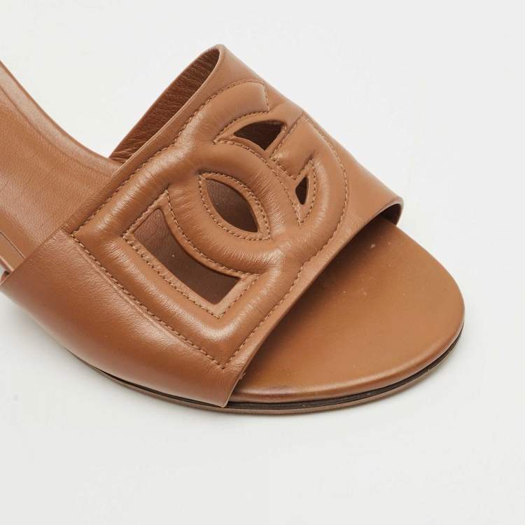 Pre Owned Dolce & Gabbana Brown Leather DG Bianca Slide Sandals Size 36