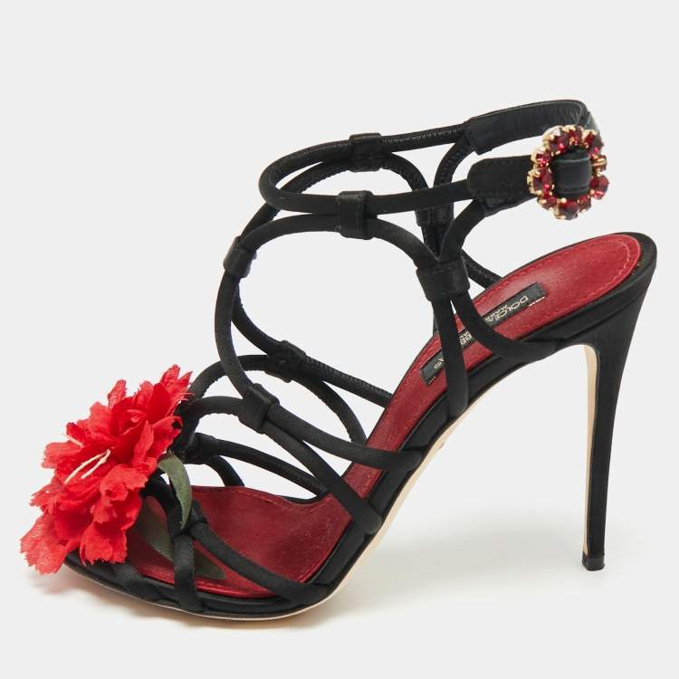 Pre Owned Dolce & Gabbana Black/Red Satin Ankle Strap Sandals Size 36