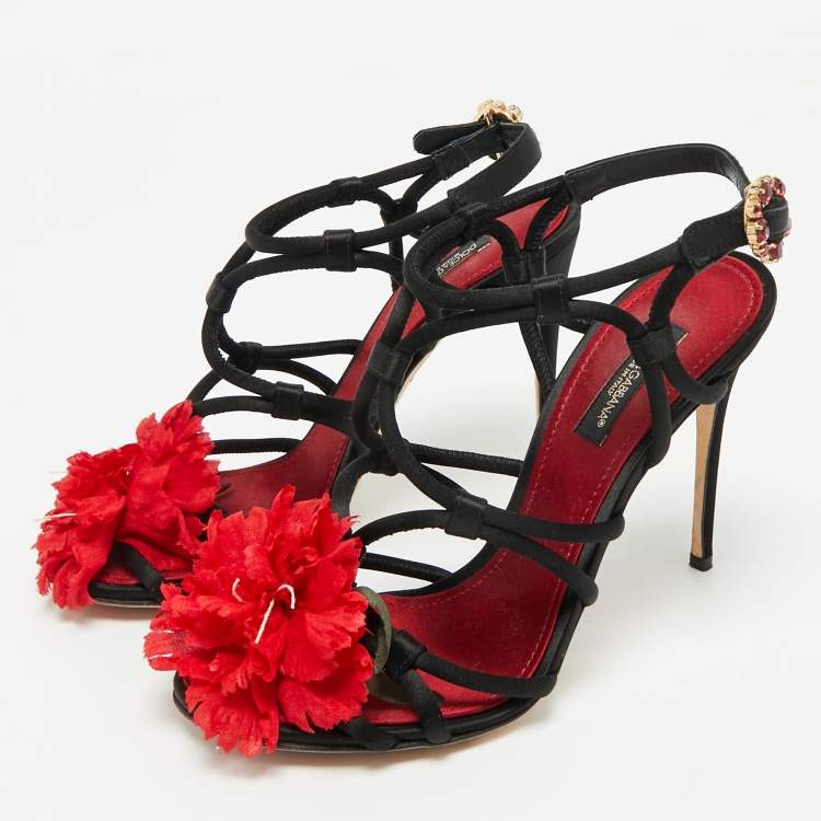 Pre Owned Dolce & Gabbana Black/Red Satin Ankle Strap Sandals Size 36