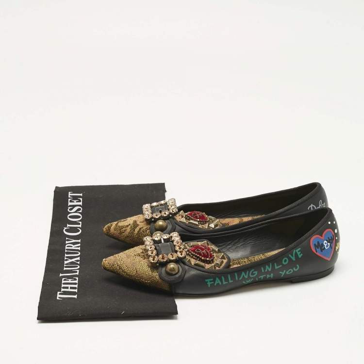 Pre Owned Dolce & Gabbana Black Canvas and Leather Crystal Embellishment Ballet Flats  Size 38