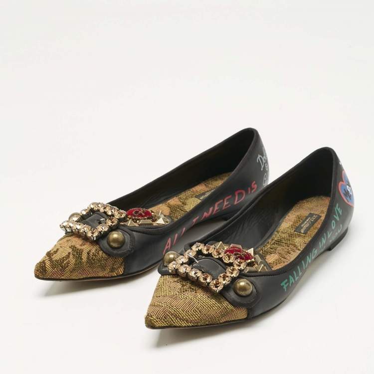Pre Owned Dolce & Gabbana Black Canvas and Leather Crystal Embellishment Ballet Flats  Size 38